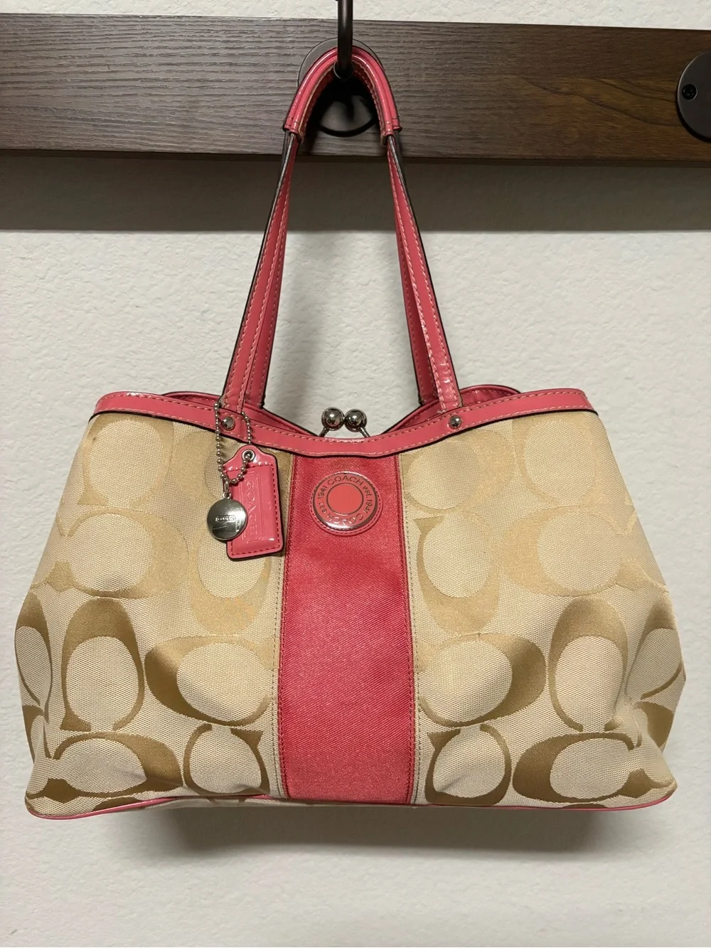 Coach Beige Signature Tote with Pink Trim - Picture 1 of 10